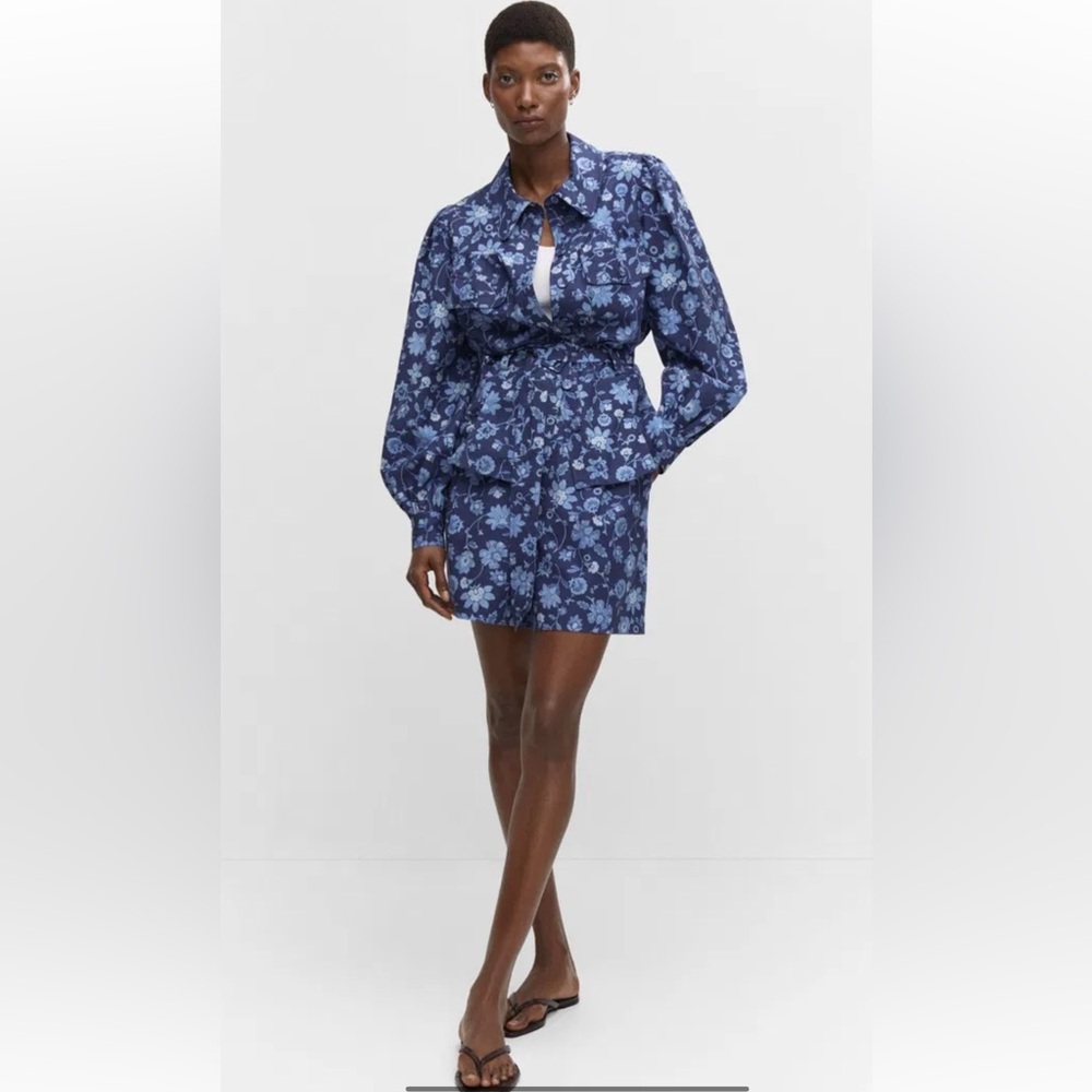 NWT MNG floral tie waist cotton linen button up shirt